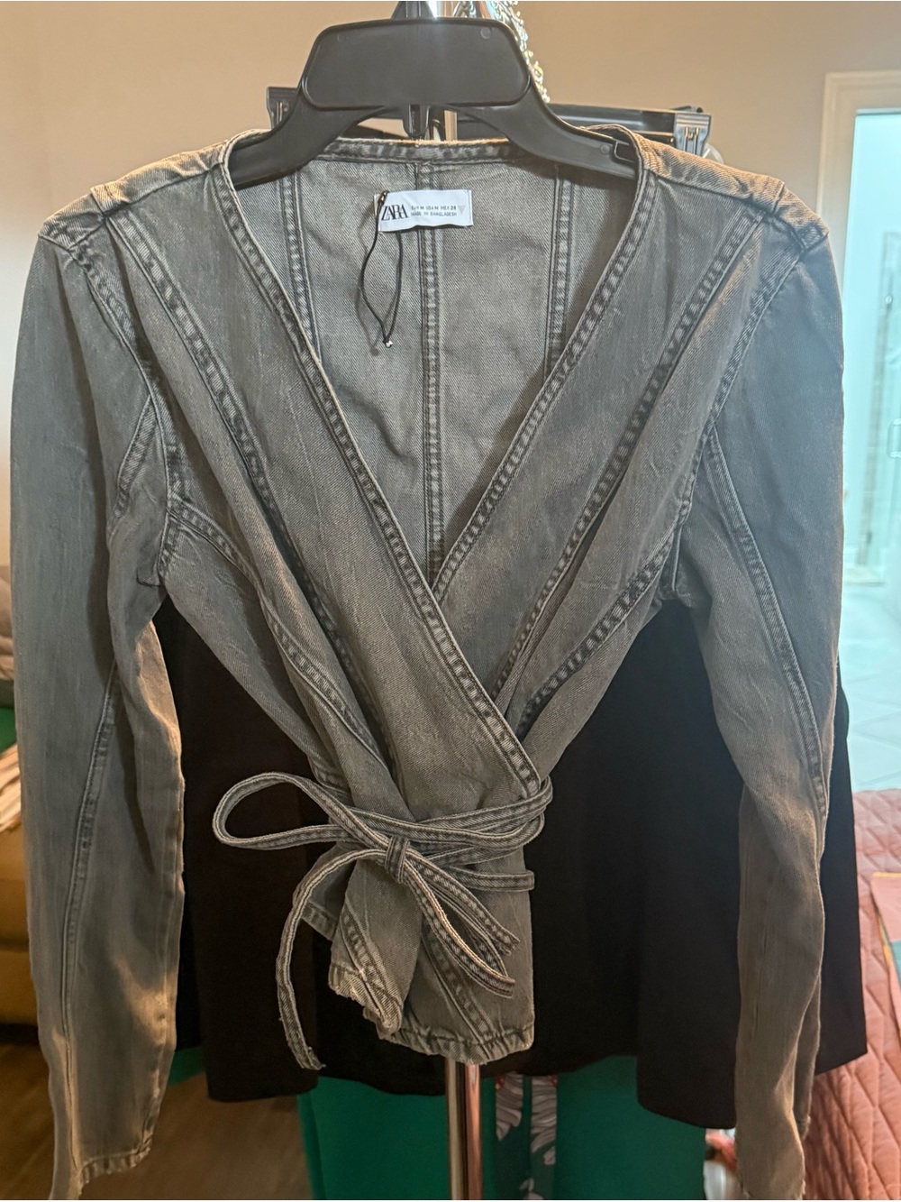 Zara Gray Washed Denim Tie-Wrap Blouse-NWOT